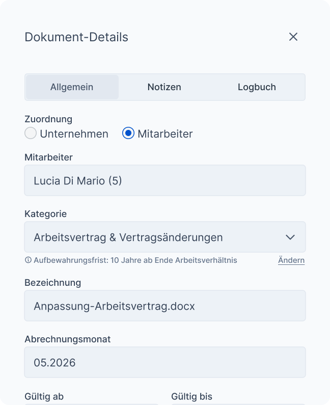 Screenshot der Fastdocs Mitarbeiterakte